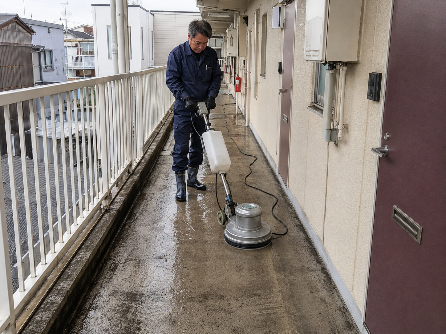マンション共用廊下をポリッシャーで床洗浄しているイメージ