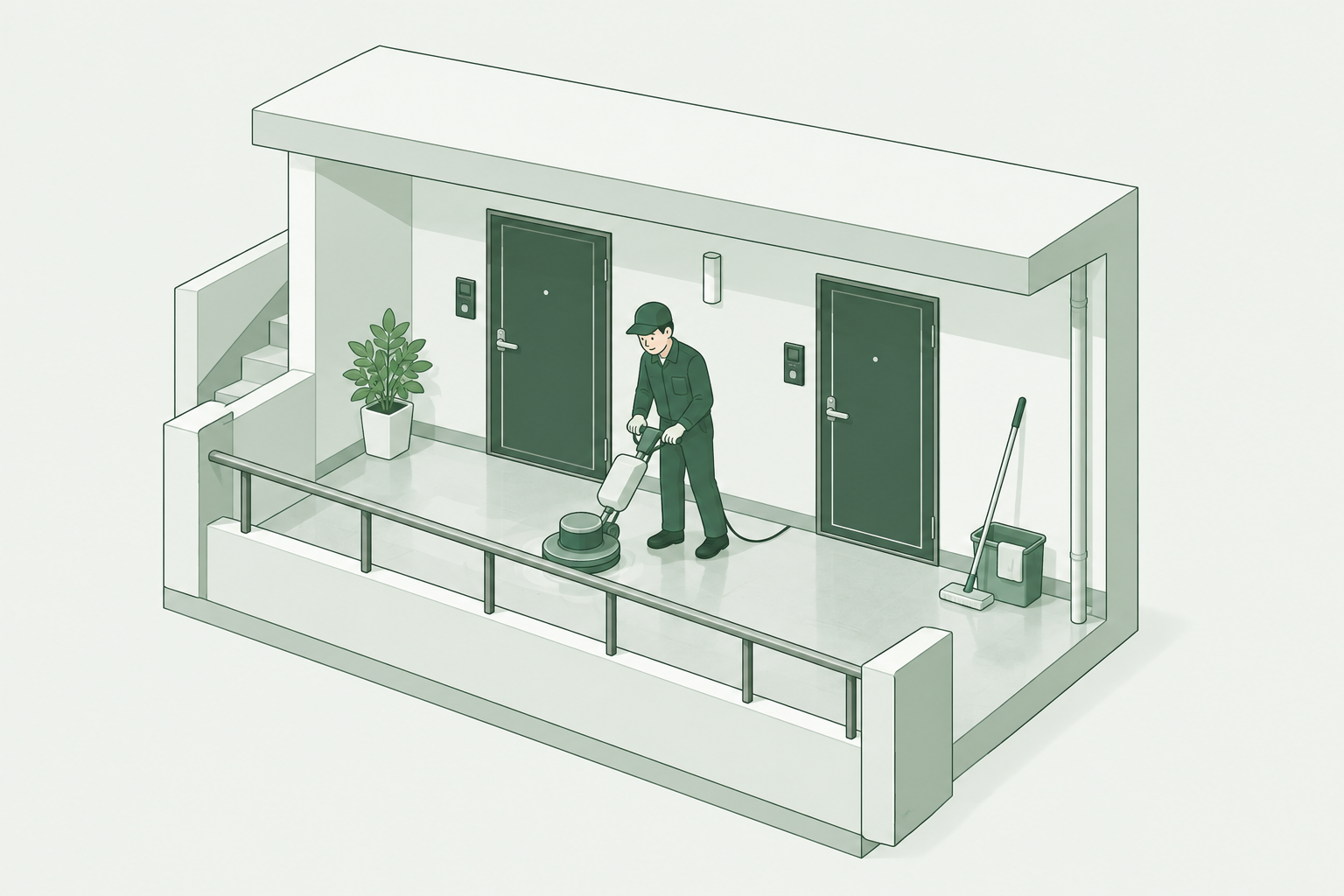マンションの共用廊下をポリッシャーで清掃するスタッフのイラスト